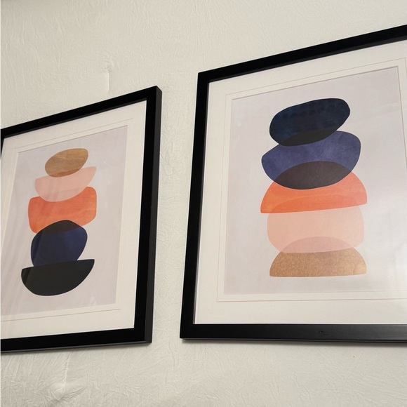 Abstract Stacked Shapes Art Print Set - Black, Orange, Blue - Picture 1 of 6